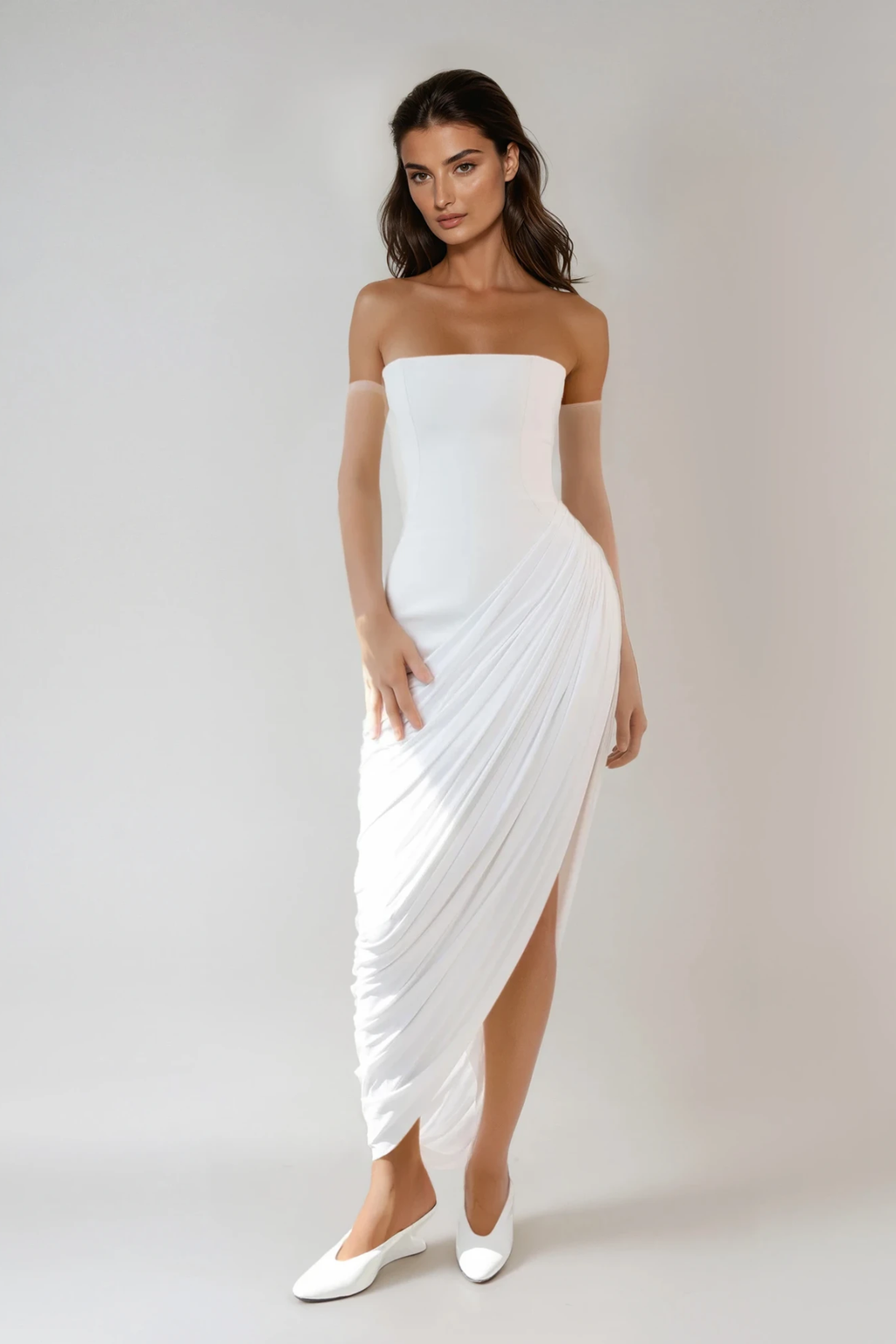 Dimitris Strapless Ruch High Split Maxi Dress