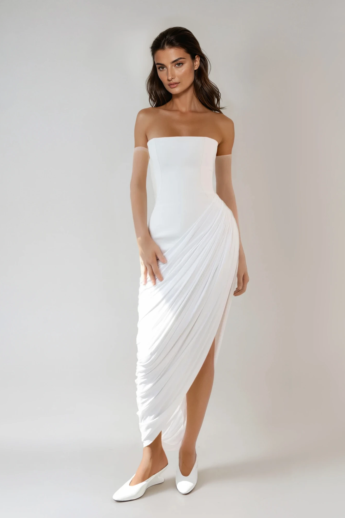 Dimitris Strapless Ruch High Split Maxi Dress