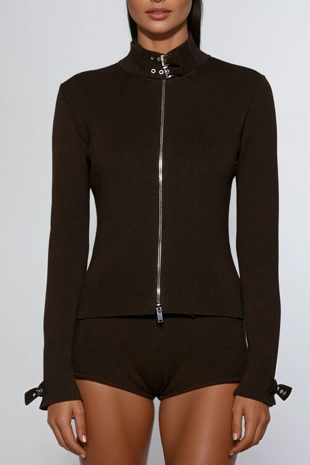 Dewydd Zipper Buckle Knit Jacket