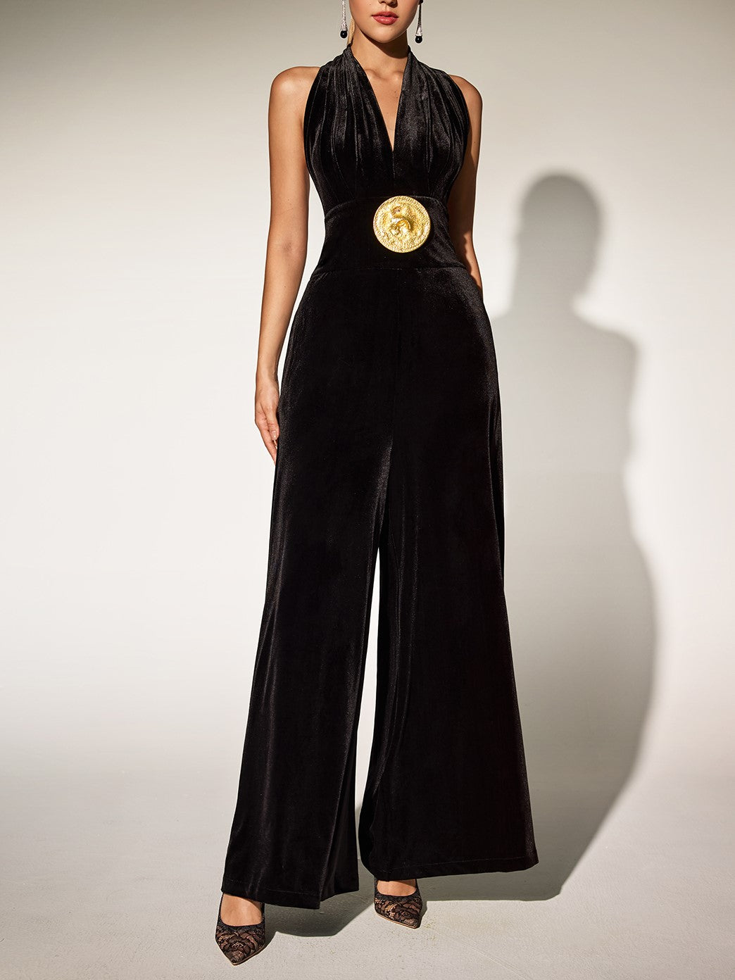 Brytni Halter Neck Embellished Velvet Jumpsuit