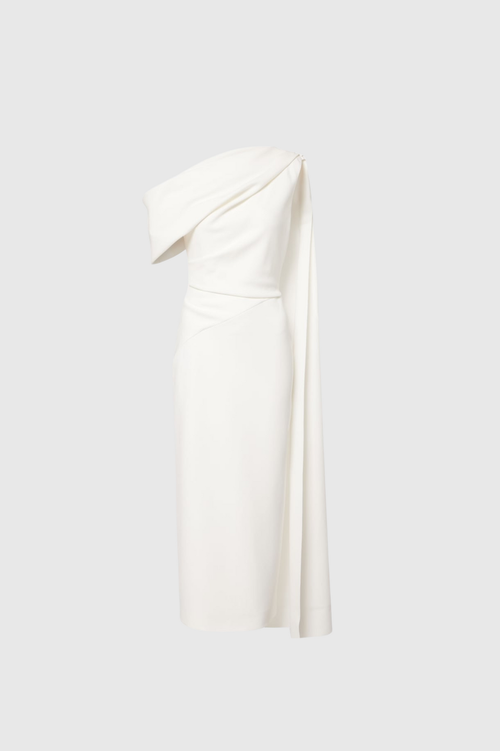 Candidus Shawl Ruch Asymmetric Midi Dress In White