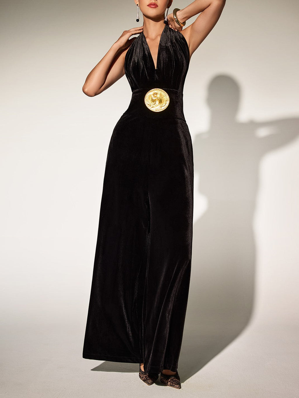 Brytni Halter Neck Embellished Velvet Jumpsuit