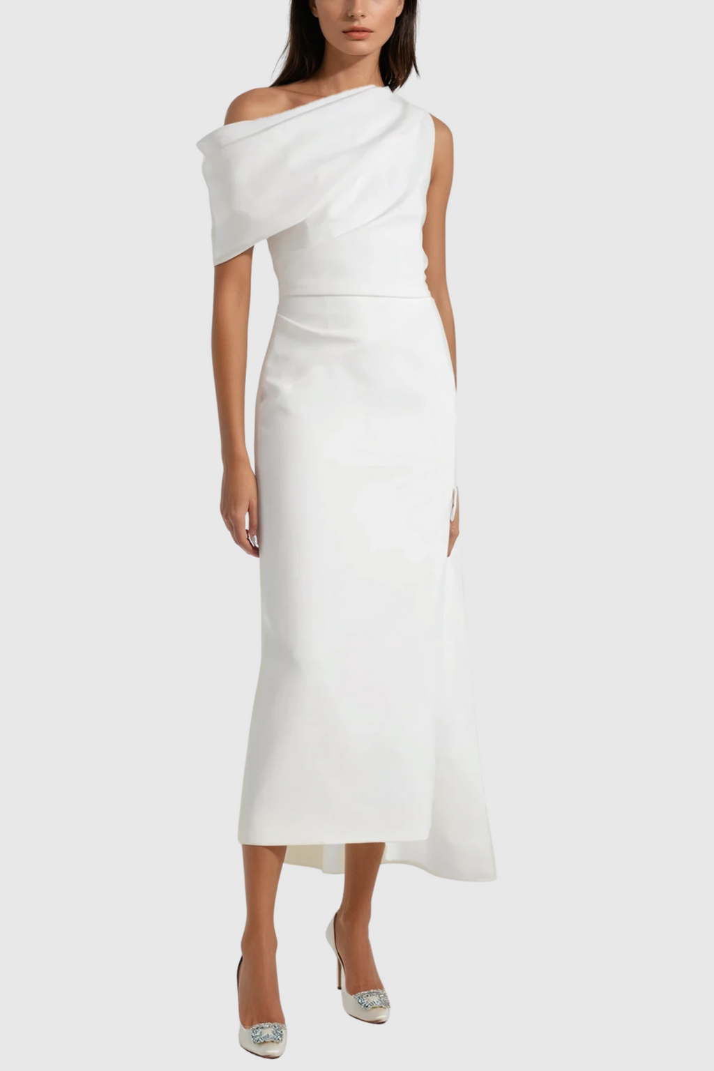 Candidus Shawl Ruch Asymmetric Midi Dress In White