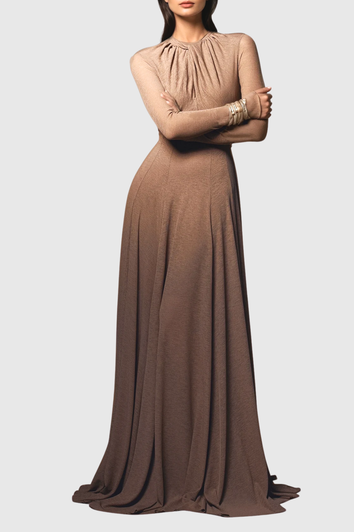 Dany Twist Long Sleeve Maxi Dress In Brown