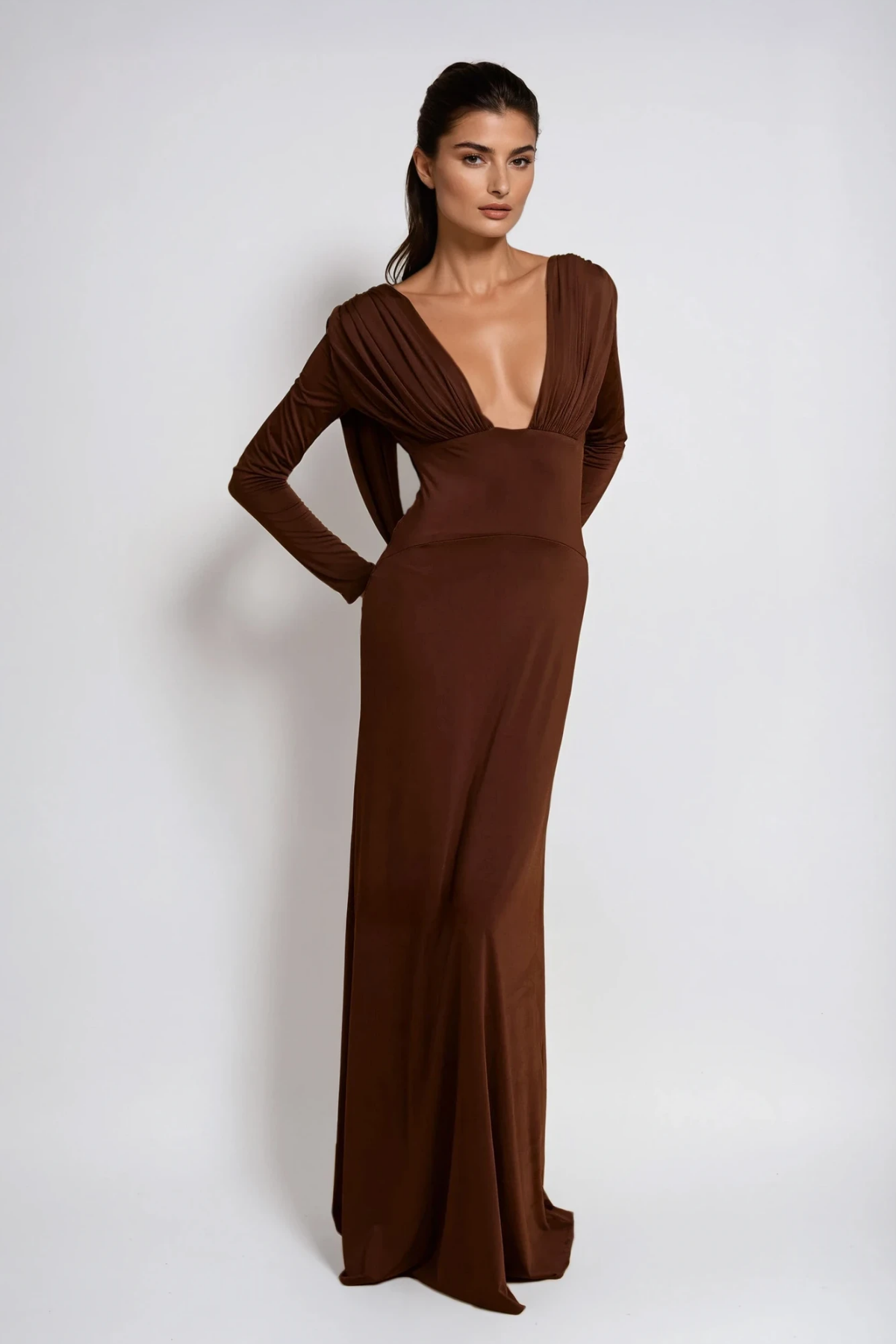 Daveth Plunge Backless Ruch Maxi Dress