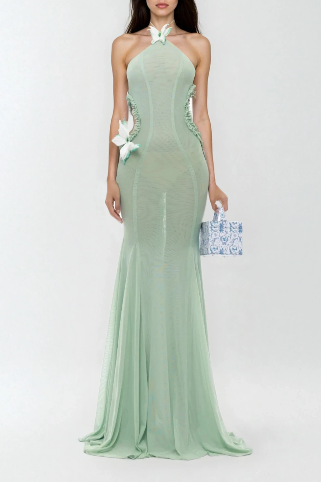 Dilovar Halter Neck Butterfly Cutout Maxi Dress In Green