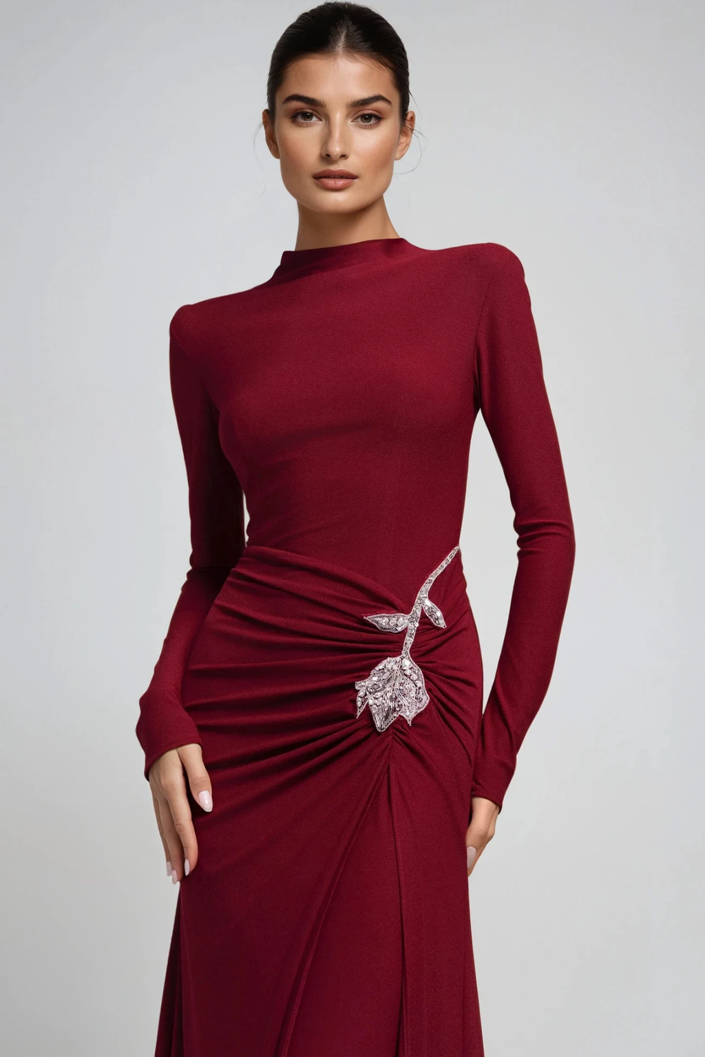 Adobe Long Sleeve Rhinestone Flower Maxi Dress In Red