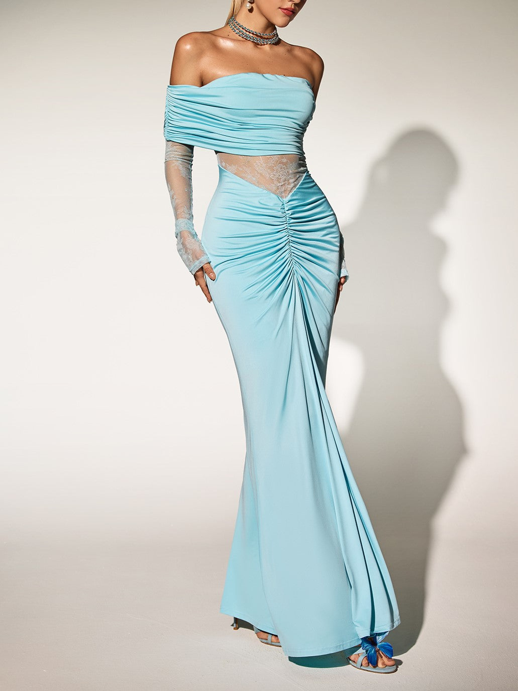 Darlene Off Shoulder Lace Ruch Maxi Dress