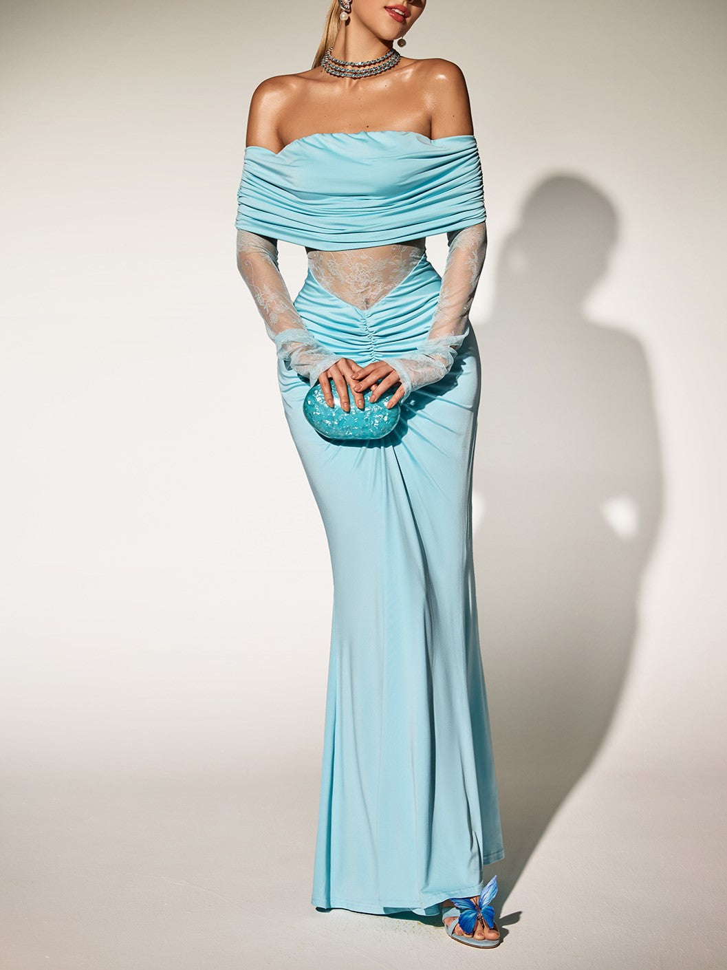 Darlene Off Shoulder Lace Ruch Maxi Dress