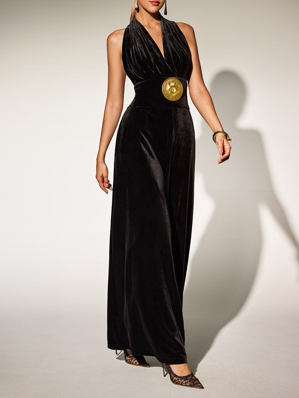 Brytni Halter Neck Embellished Velvet Jumpsuit