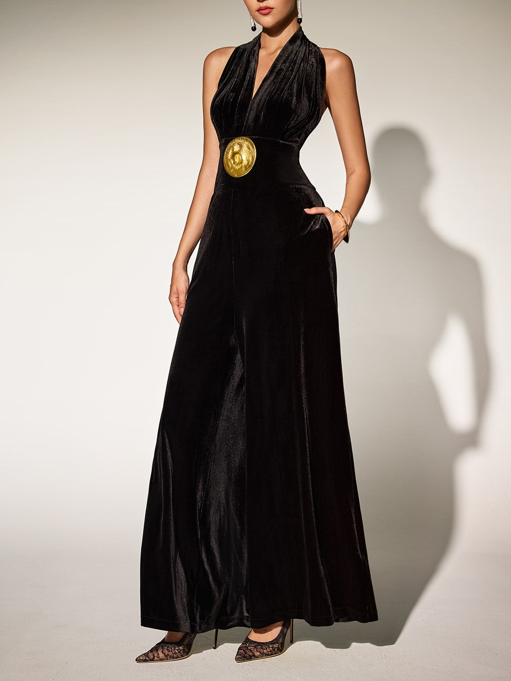 Brytni Halter Neck Embellished Velvet Jumpsuit