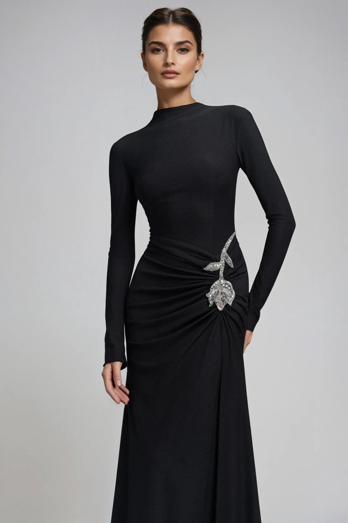 Adobe Long Sleeve Rhinestone Flower Maxi Dress In Black
