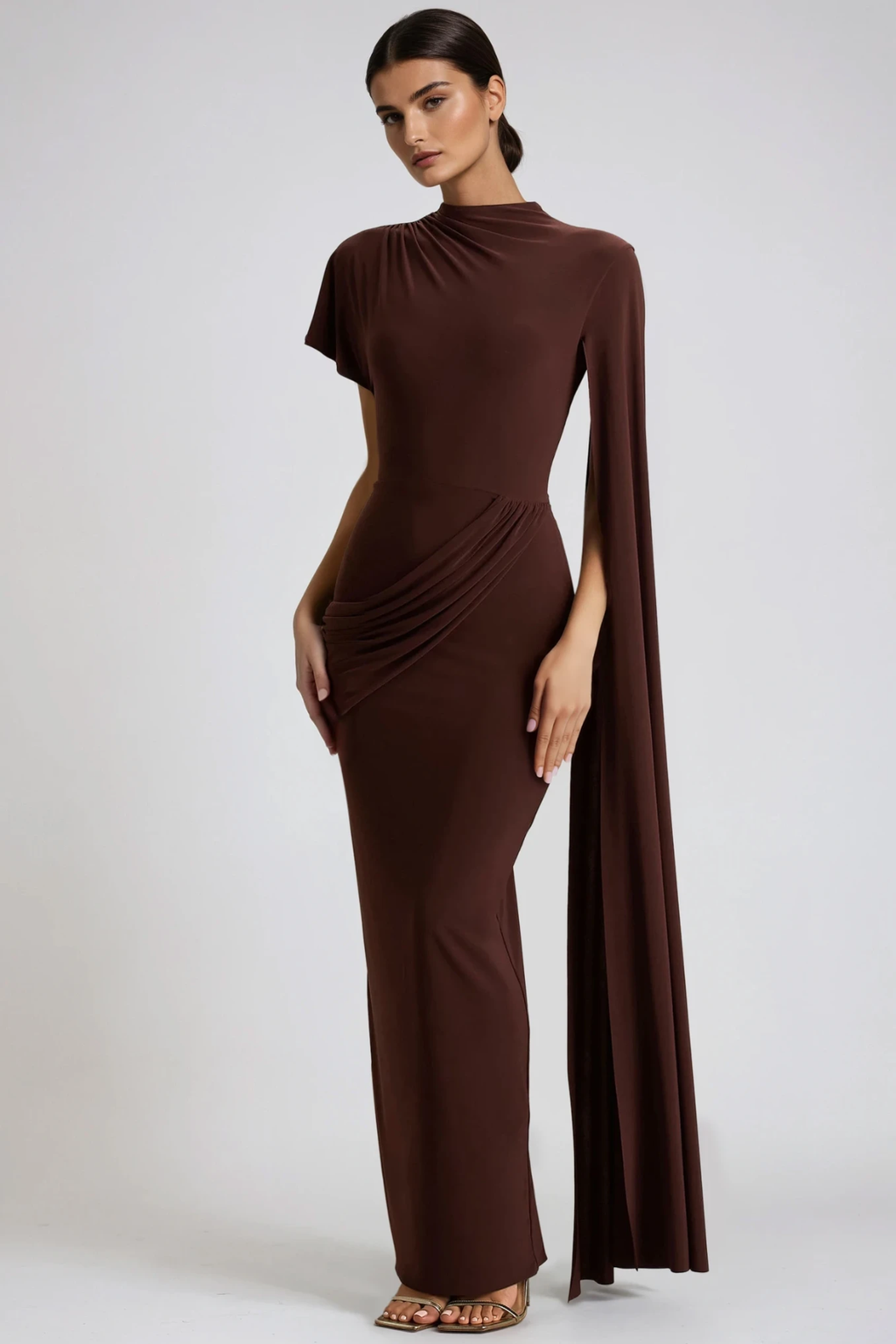 Dimosthenis Bodycon Ruch Fringe Maxi Dress In Brown