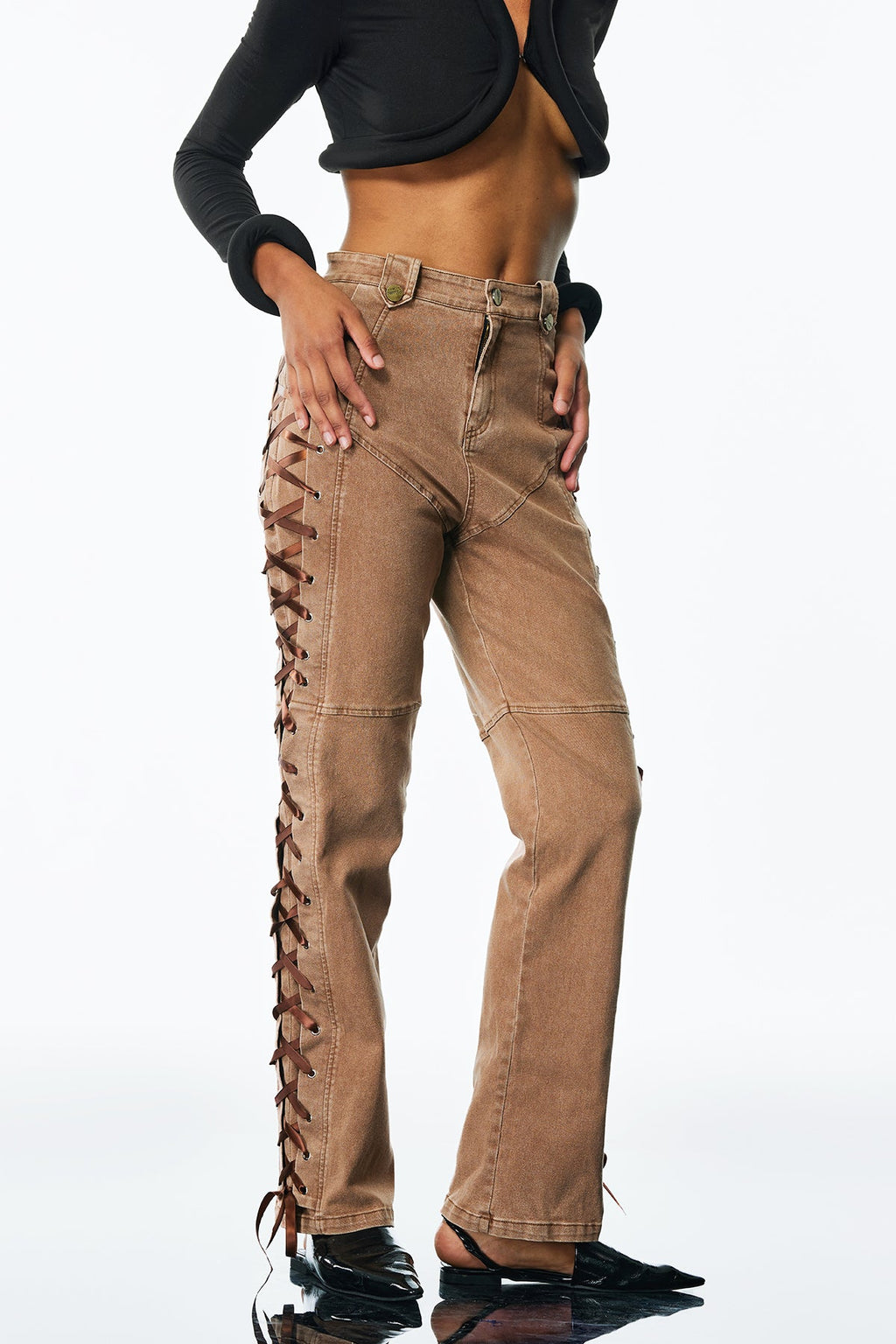 Adriano Lace Up Jeans In Khaki
