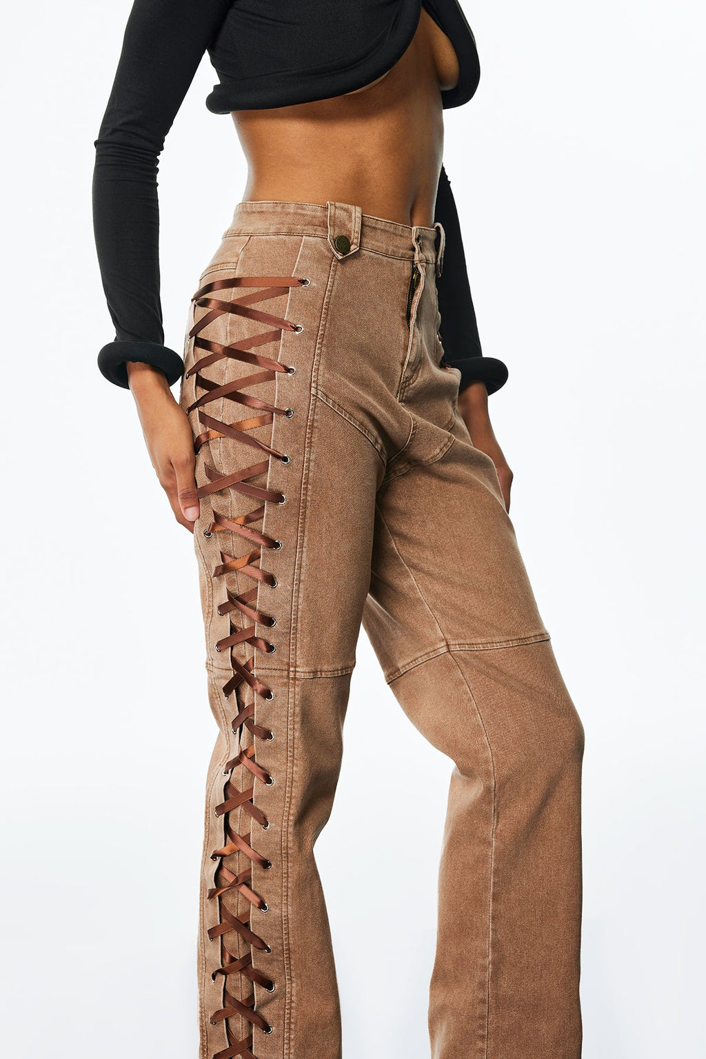 Adriano Lace Up Jeans In Khaki