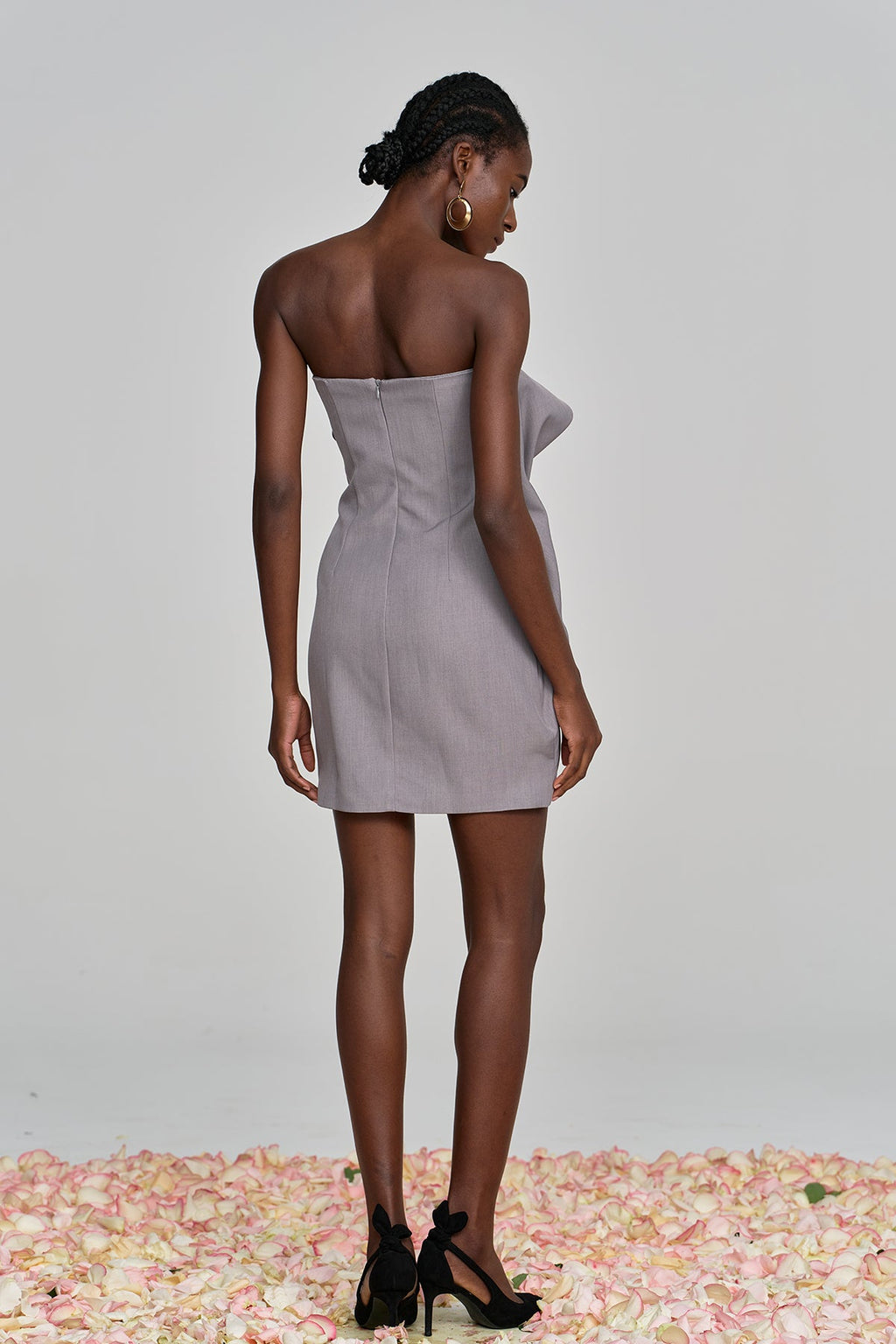 Aeronwen Flower Strapless Ruch Mini Dress In Grey