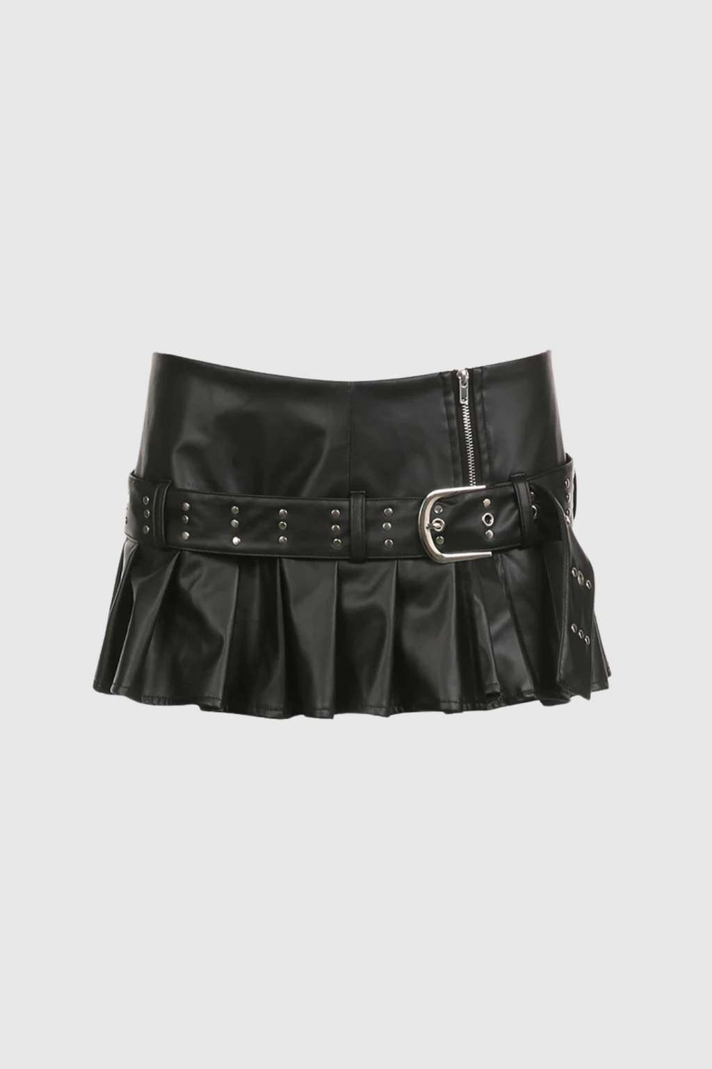 Afia Buckle Ruffle Split Short Leather Skirt