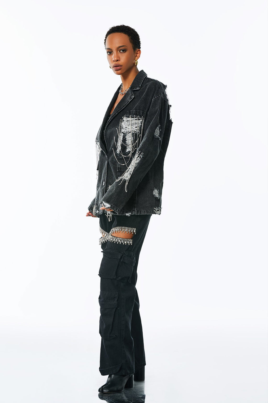 Afton Rhinestone Chain Torn Denim Jacket