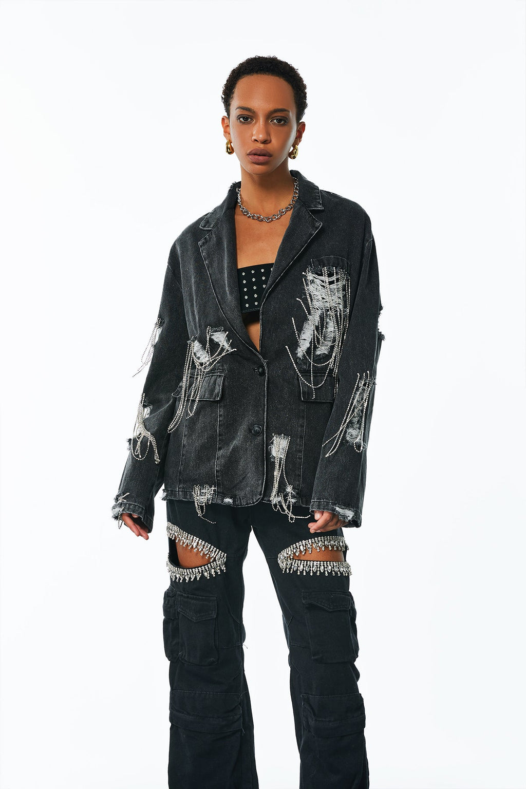 Afton Rhinestone Chain Torn Denim Jacket