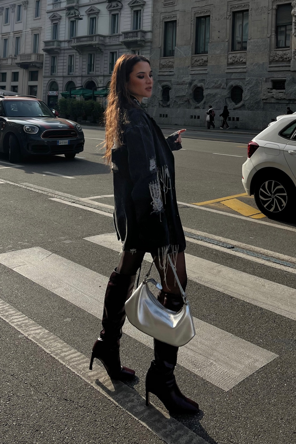 Afton Rhinestone Chain Torn Denim Jacket