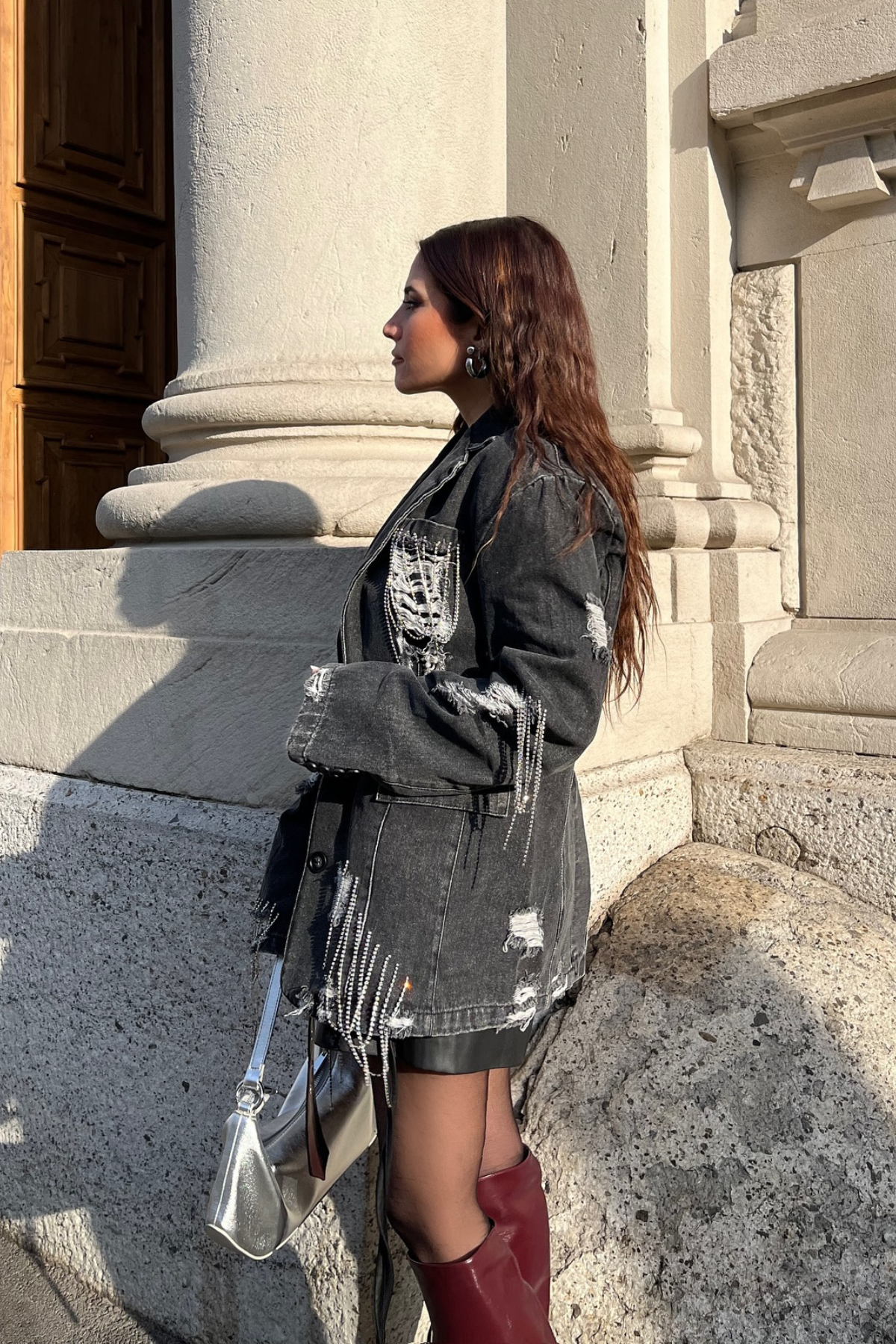 Afton Rhinestone Chain Torn Denim Jacket