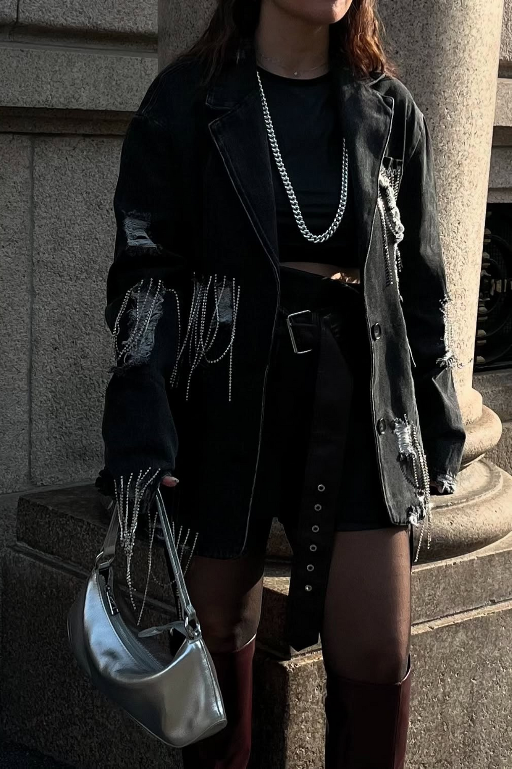 Afton Rhinestone Chain Torn Denim Jacket