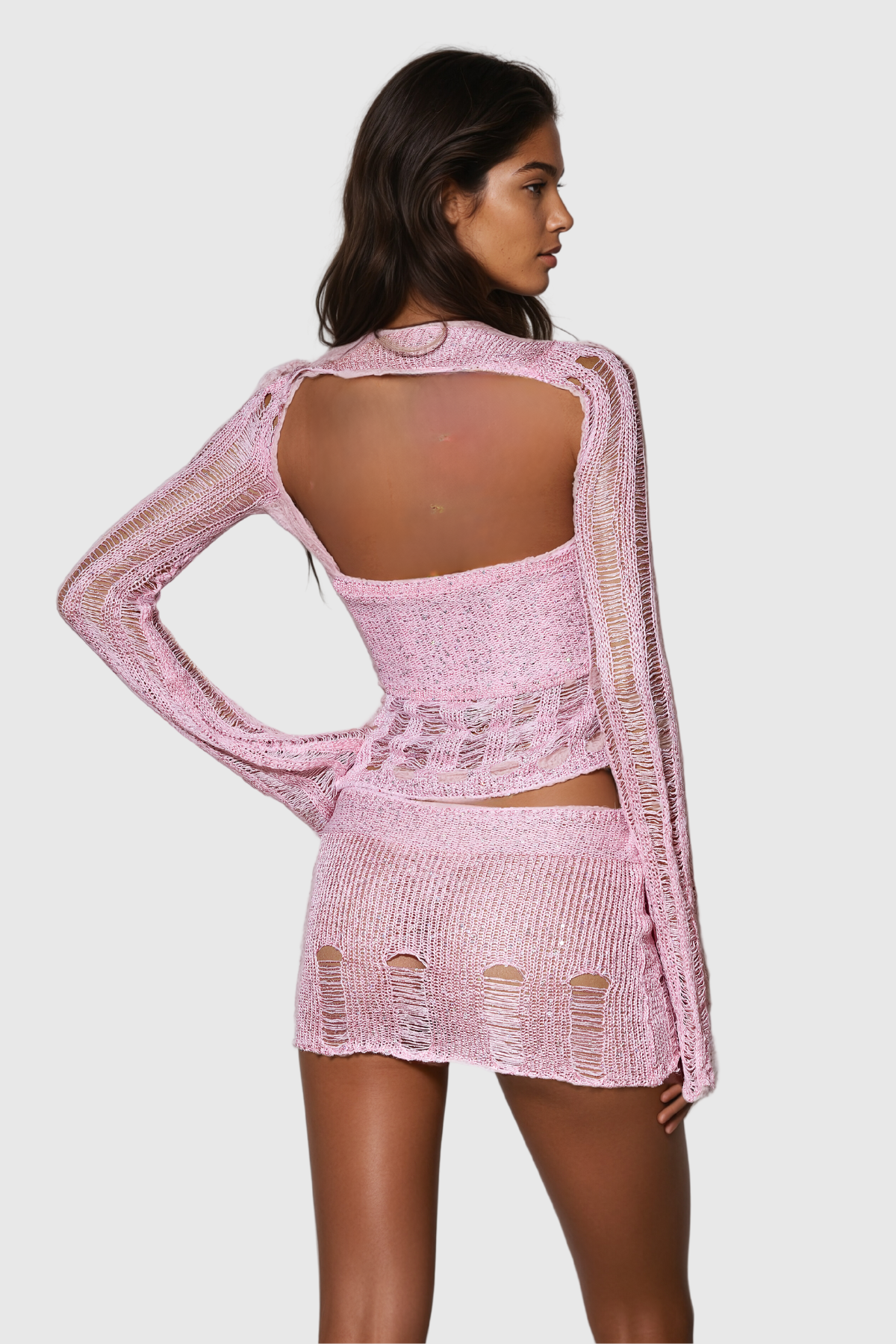 Agafya Sequin Cutout Lace Up Knit Skirt Set In Pink