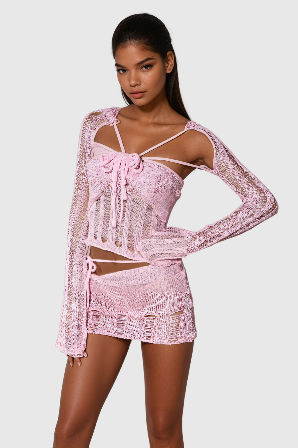 Agafya Sequin Cutout Lace Up Knit Skirt Set In Pink