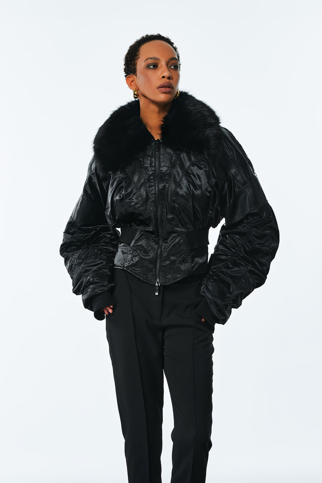 Agda Drawstring Faux Fur Leather Jacket