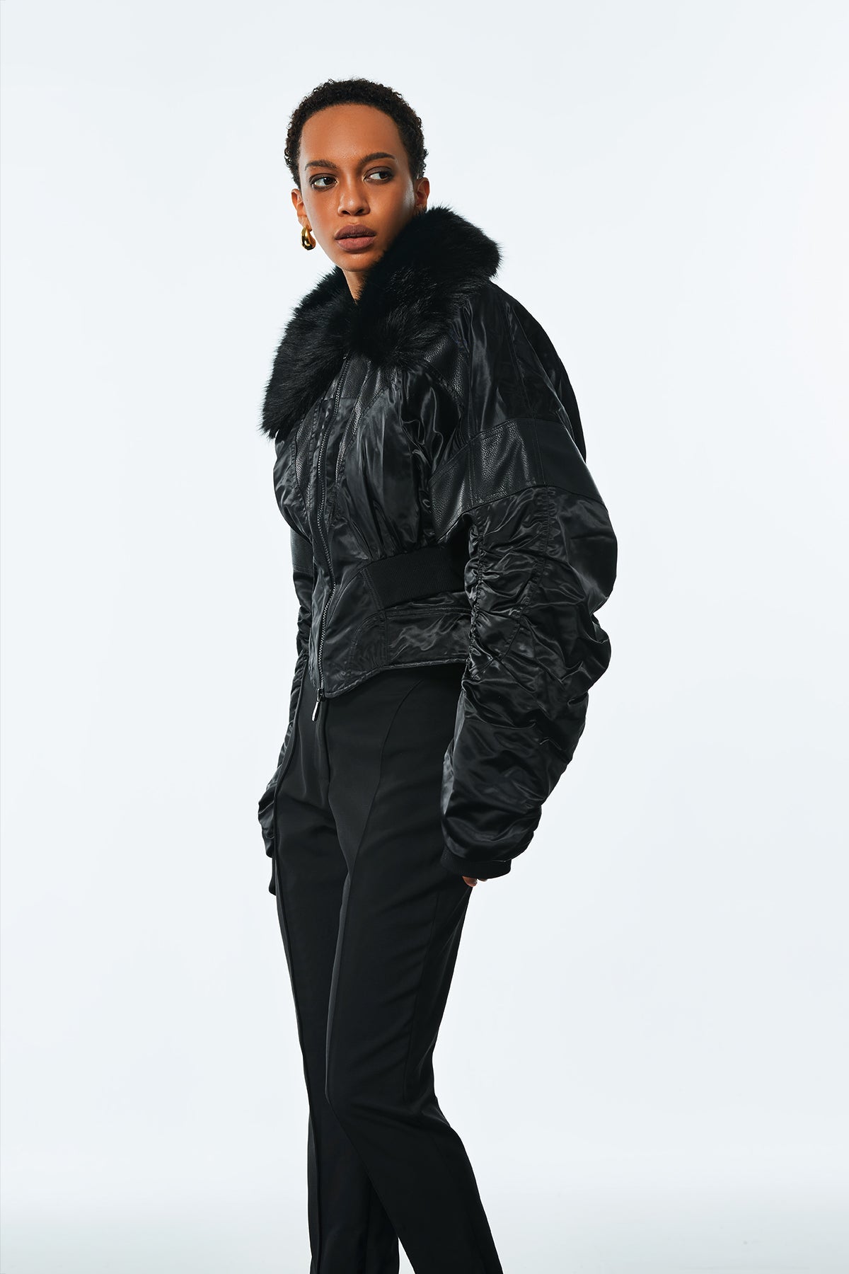 Agda Drawstring Faux Fur Leather Jacket