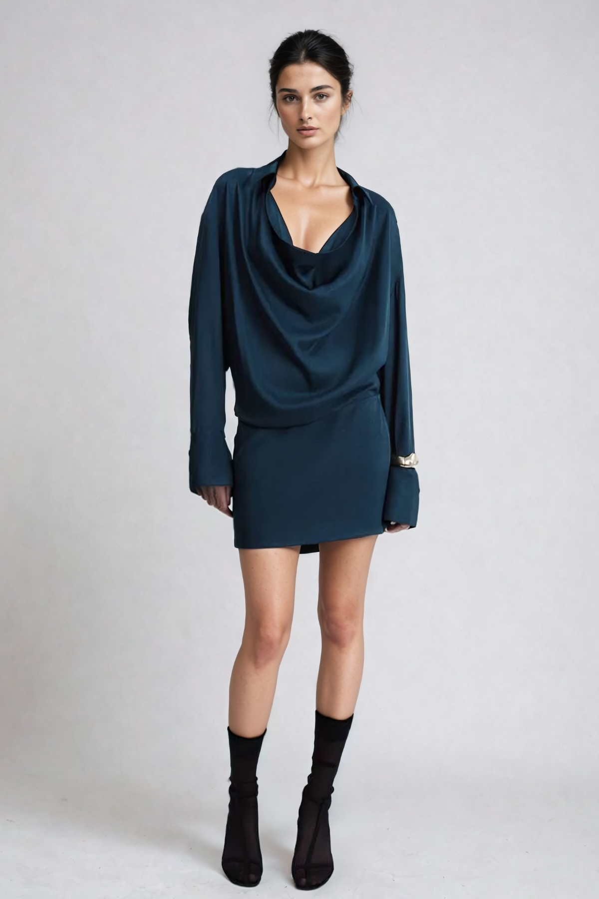 Aguirre Cowl Neck Satin Shirt Mini Dress