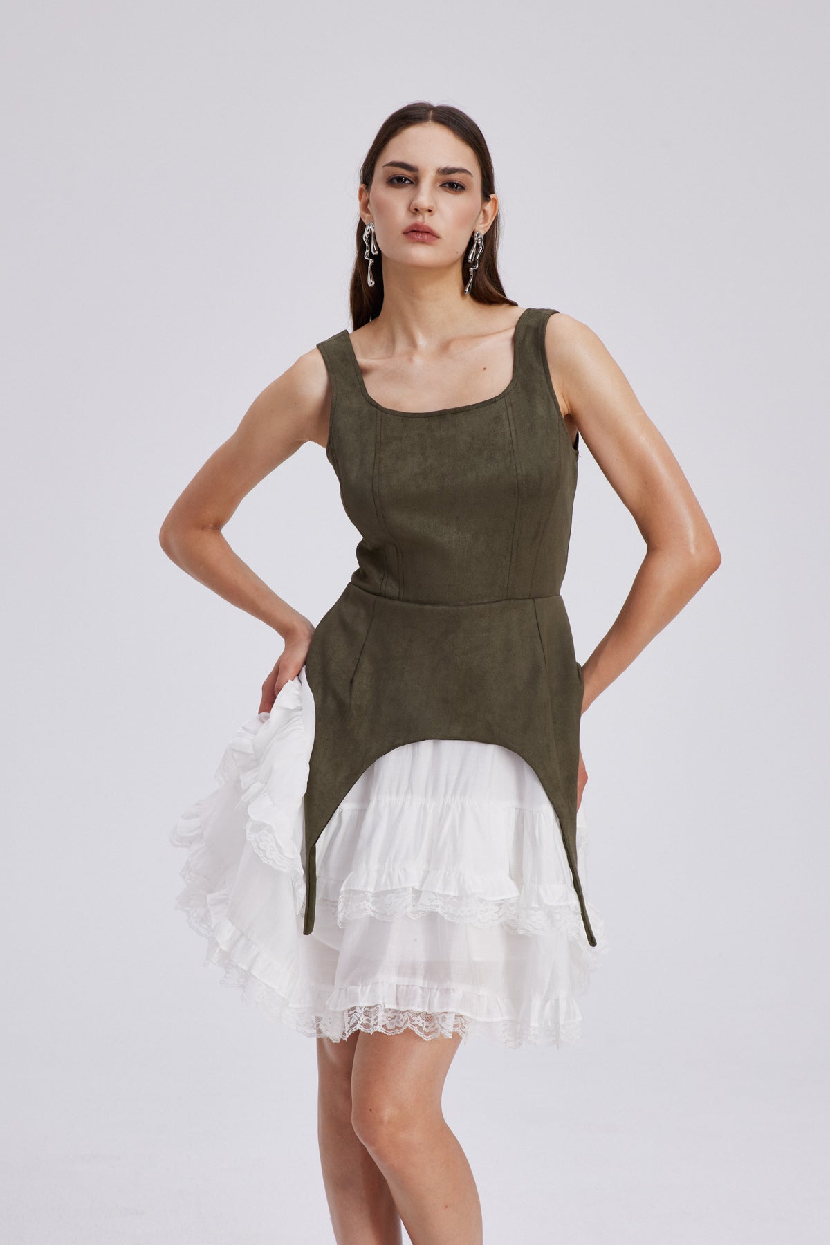 Ailis Ruffle Lace Sleeveless Mini Dress In Green