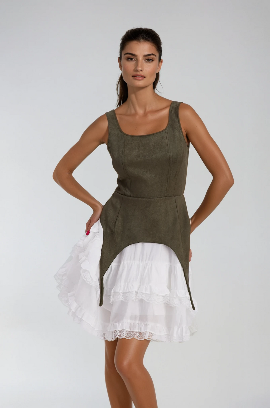 Ailis Ruffle Lace Sleeveless Mini Dress In Green