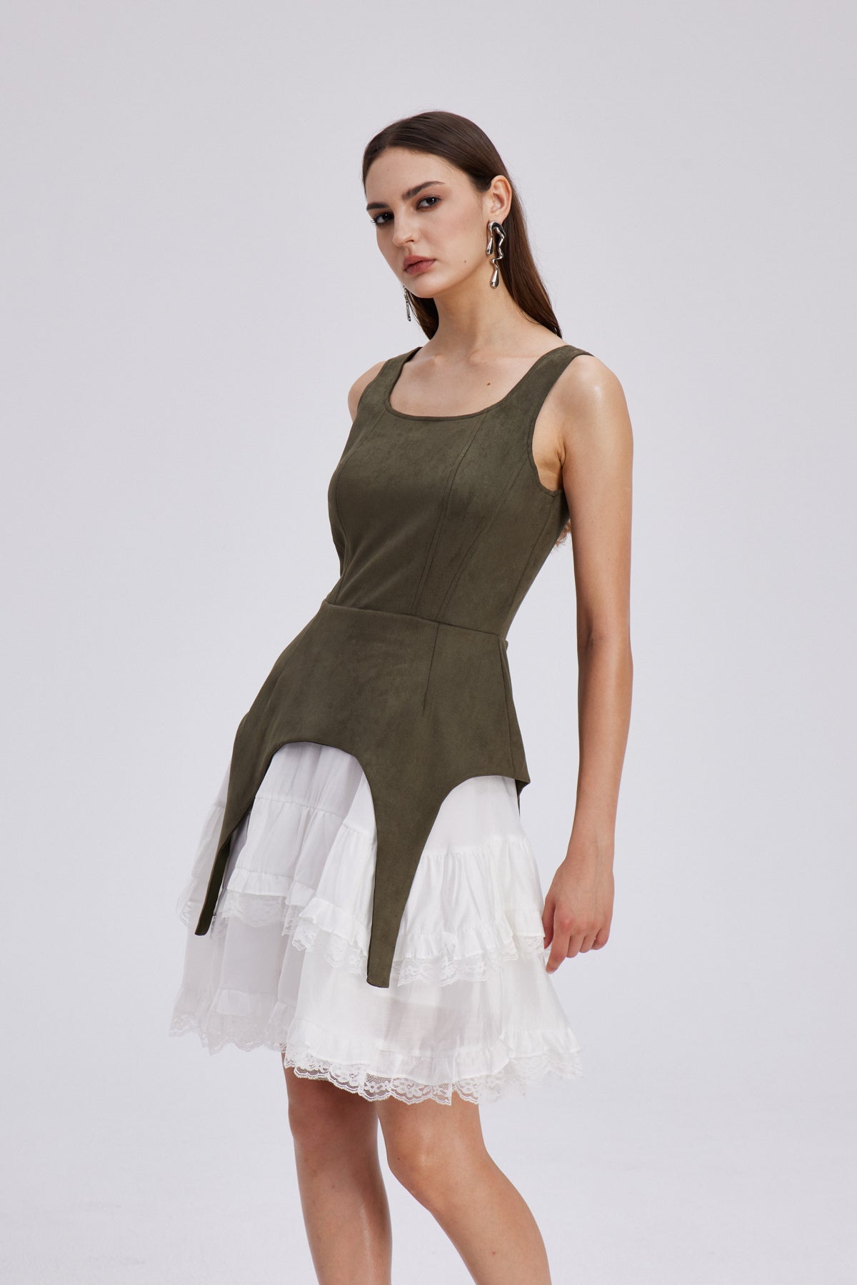 Ailis Ruffle Lace Sleeveless Mini Dress In Green