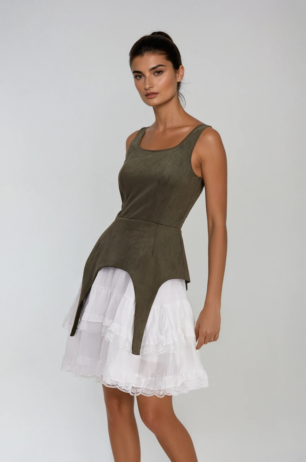 Ailis Ruffle Lace Sleeveless Mini Dress In Green