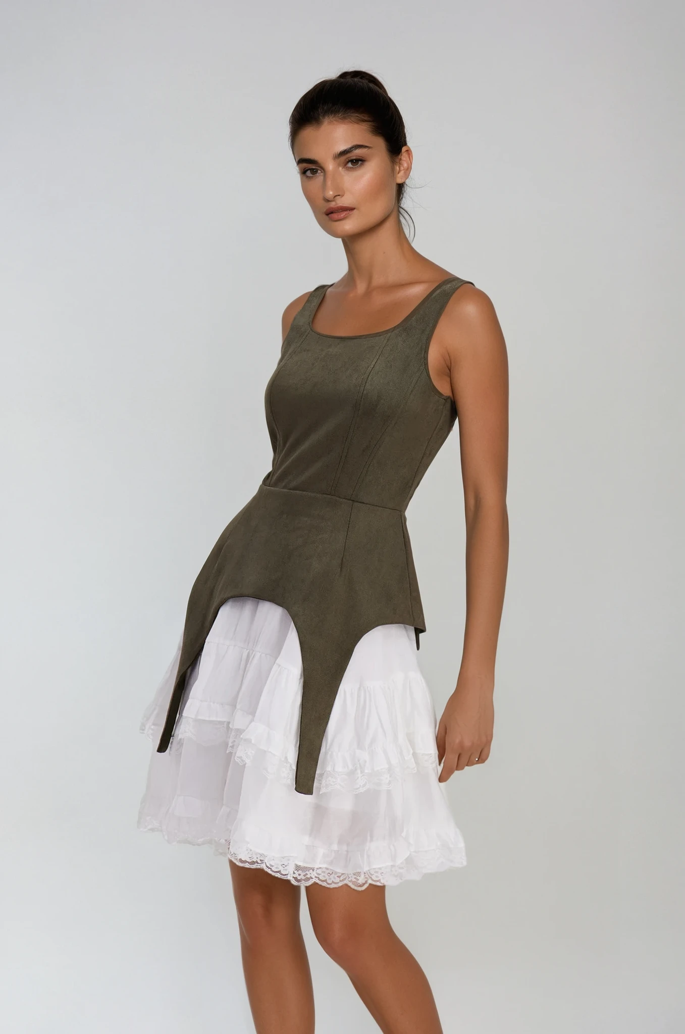 Ailis Ruffle Lace Sleeveless Mini Dress In Green