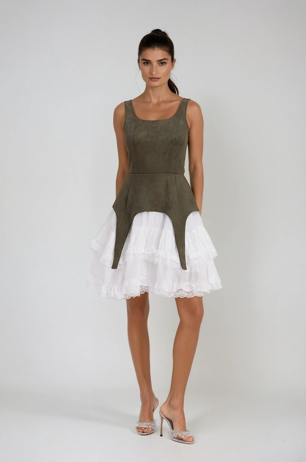 Ailis Ruffle Lace Sleeveless Mini Dress In Green