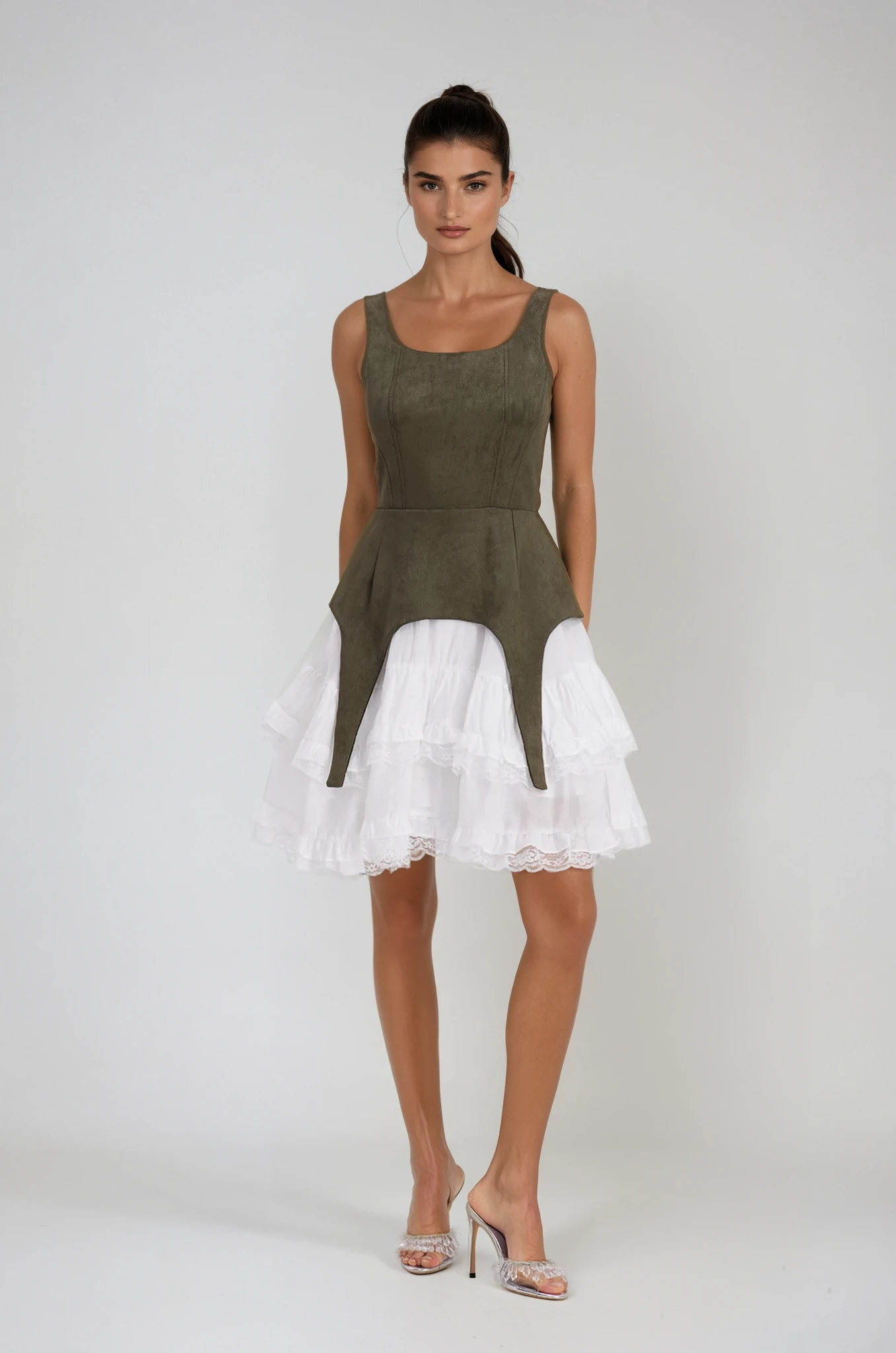 Ailis Ruffle Lace Sleeveless Mini Dress In Green