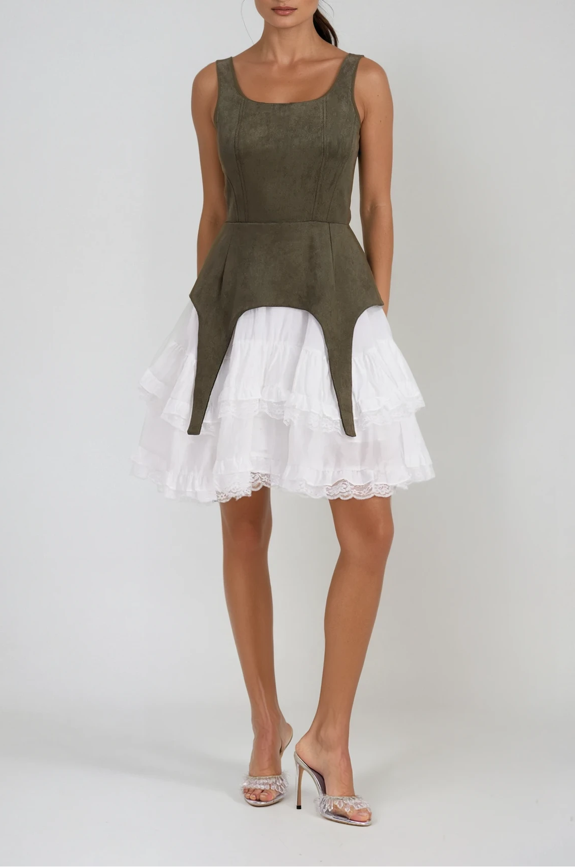 Ailis Ruffle Lace Sleeveless Mini Dress In Green