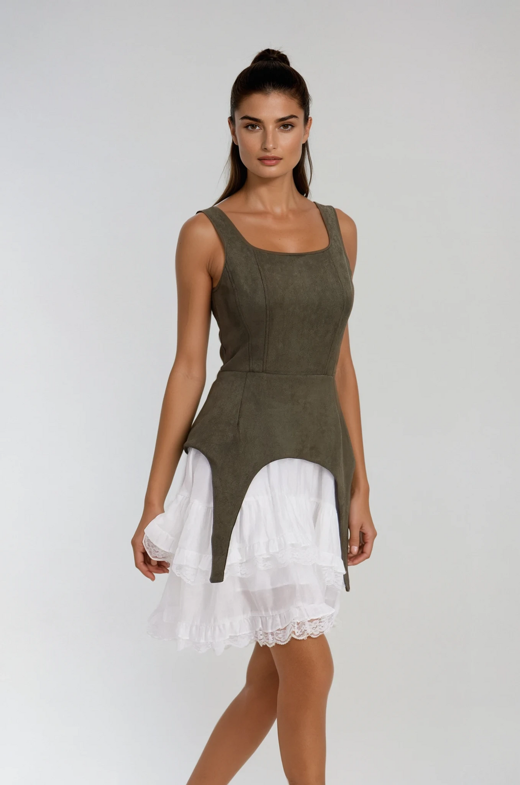 Ailis Ruffle Lace Sleeveless Mini Dress In Green