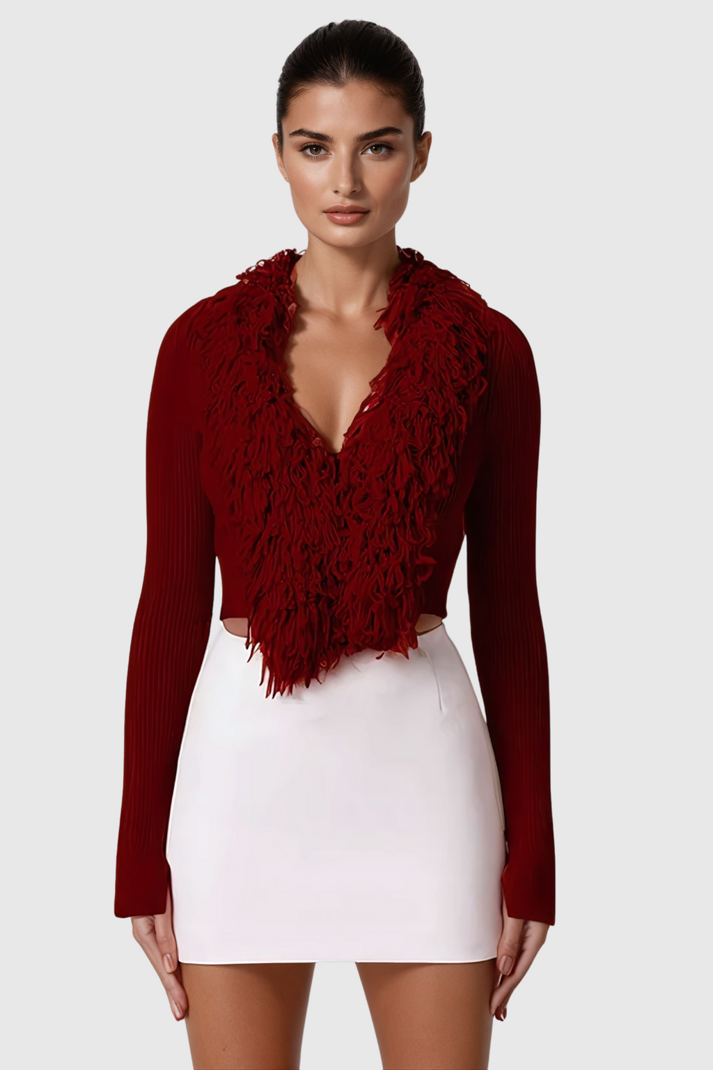 Aimee Fringe Plunge Knit Top In Red
