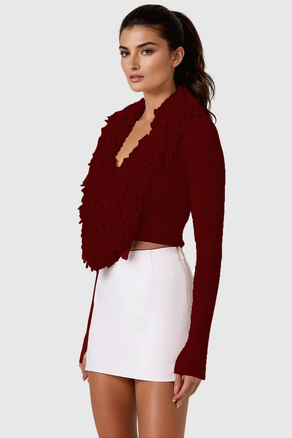 Aimee Fringe Plunge Knit Top In Red