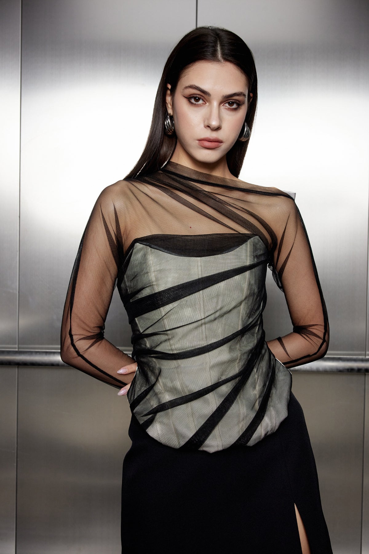 Aimon Corset Mesh One Shouder Ruch Top