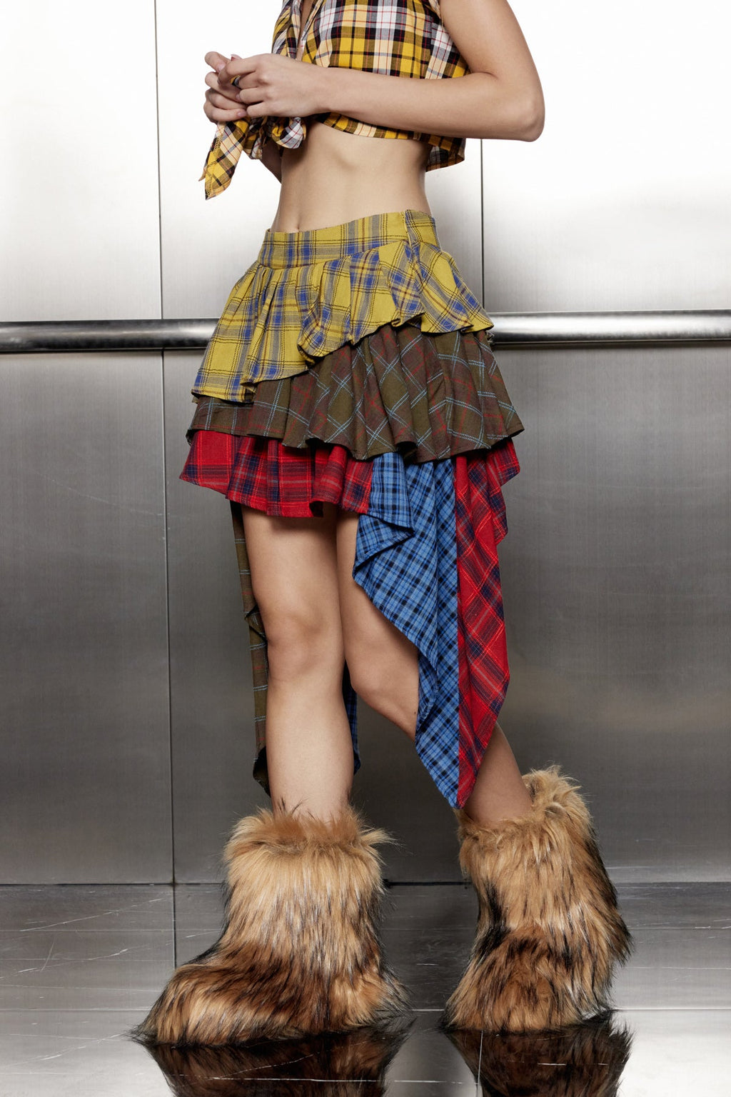 Akifumi Grid Patchwork Ruffle Asymmetric Skirt