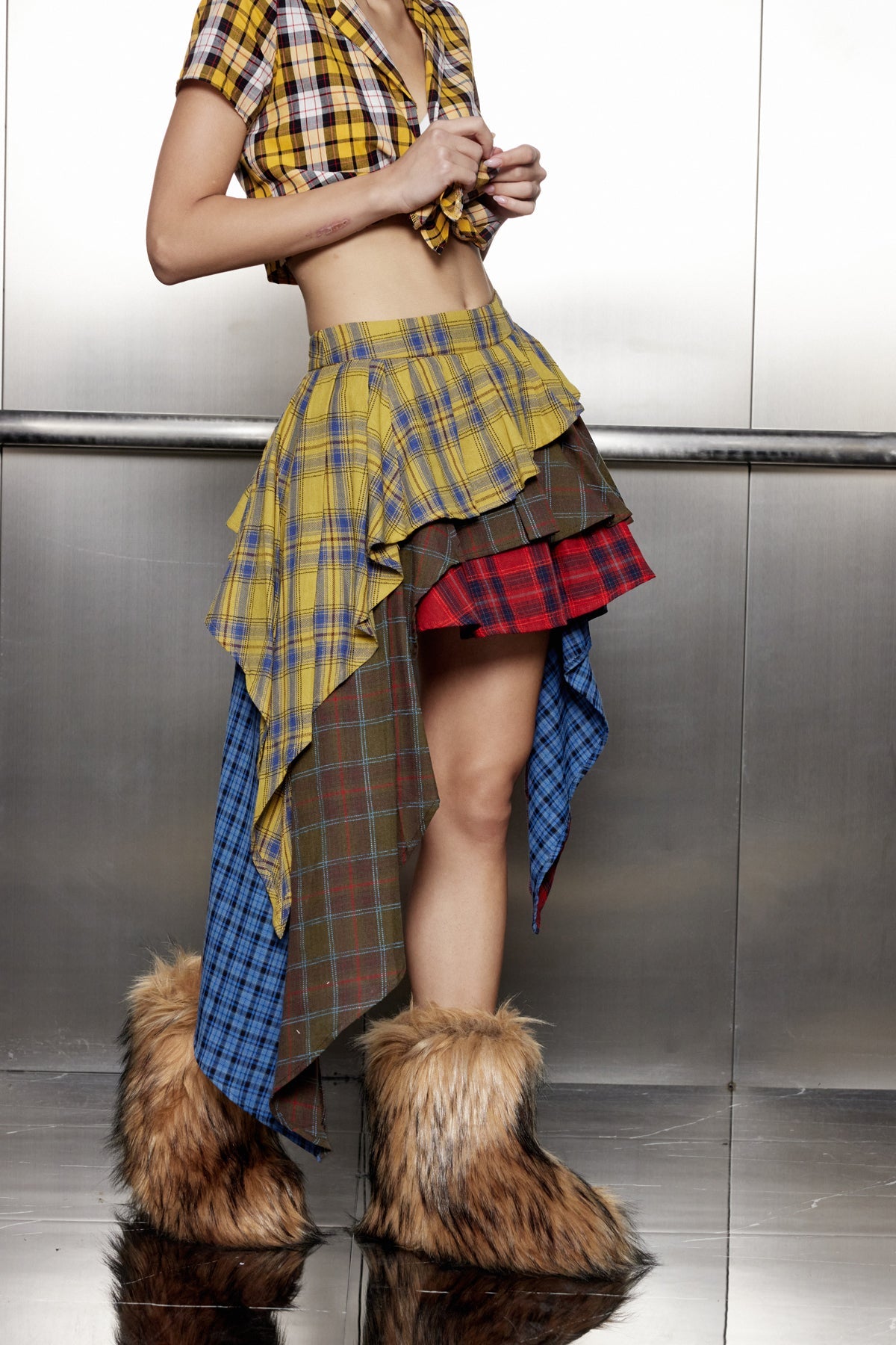 Akifumi Grid Patchwork Ruffle Asymmetric Skirt