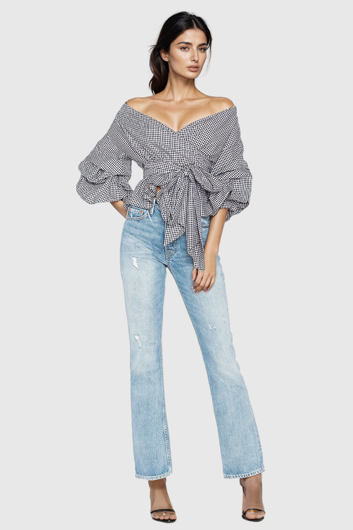 Alexi Grid Off Shoulder Lace Up Top