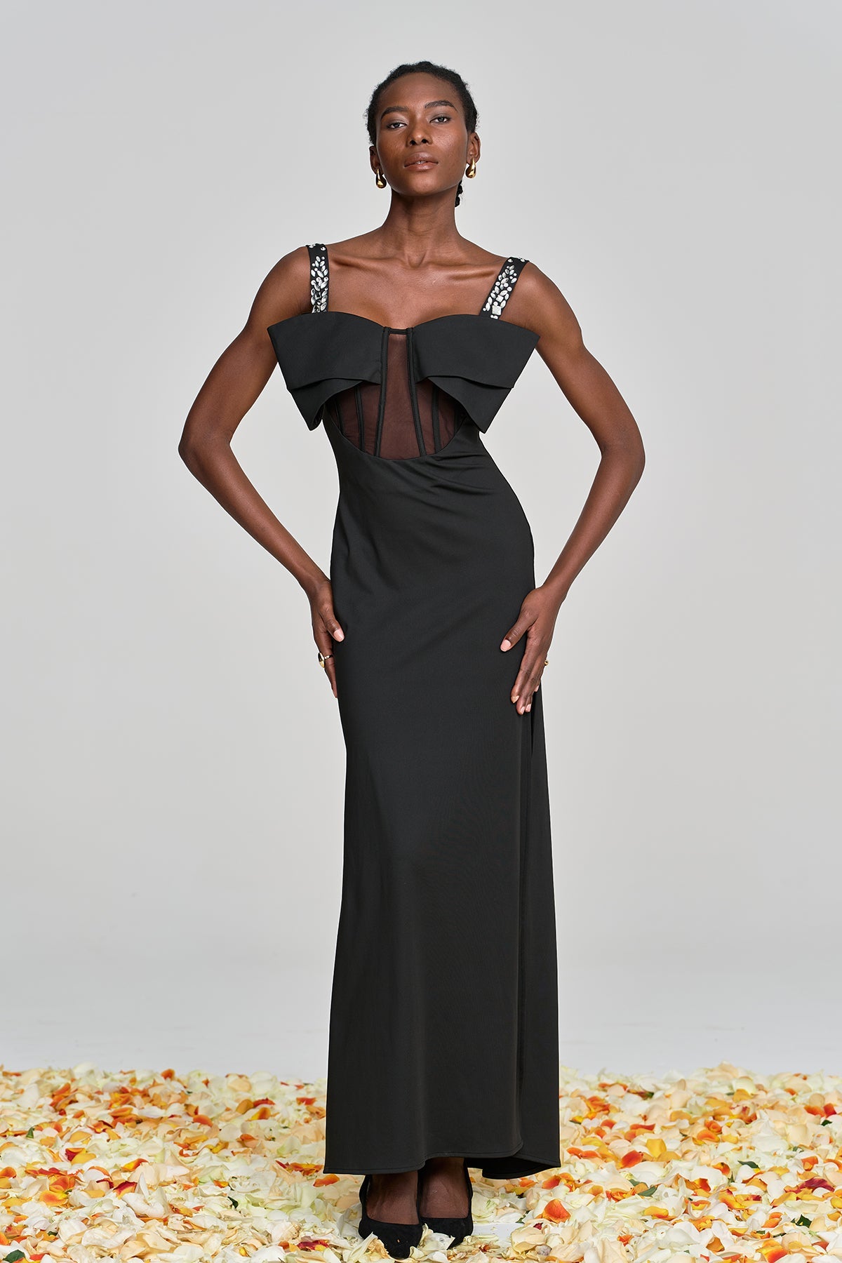 Almira Bow Lace Rhinestone Split Maxi Dress