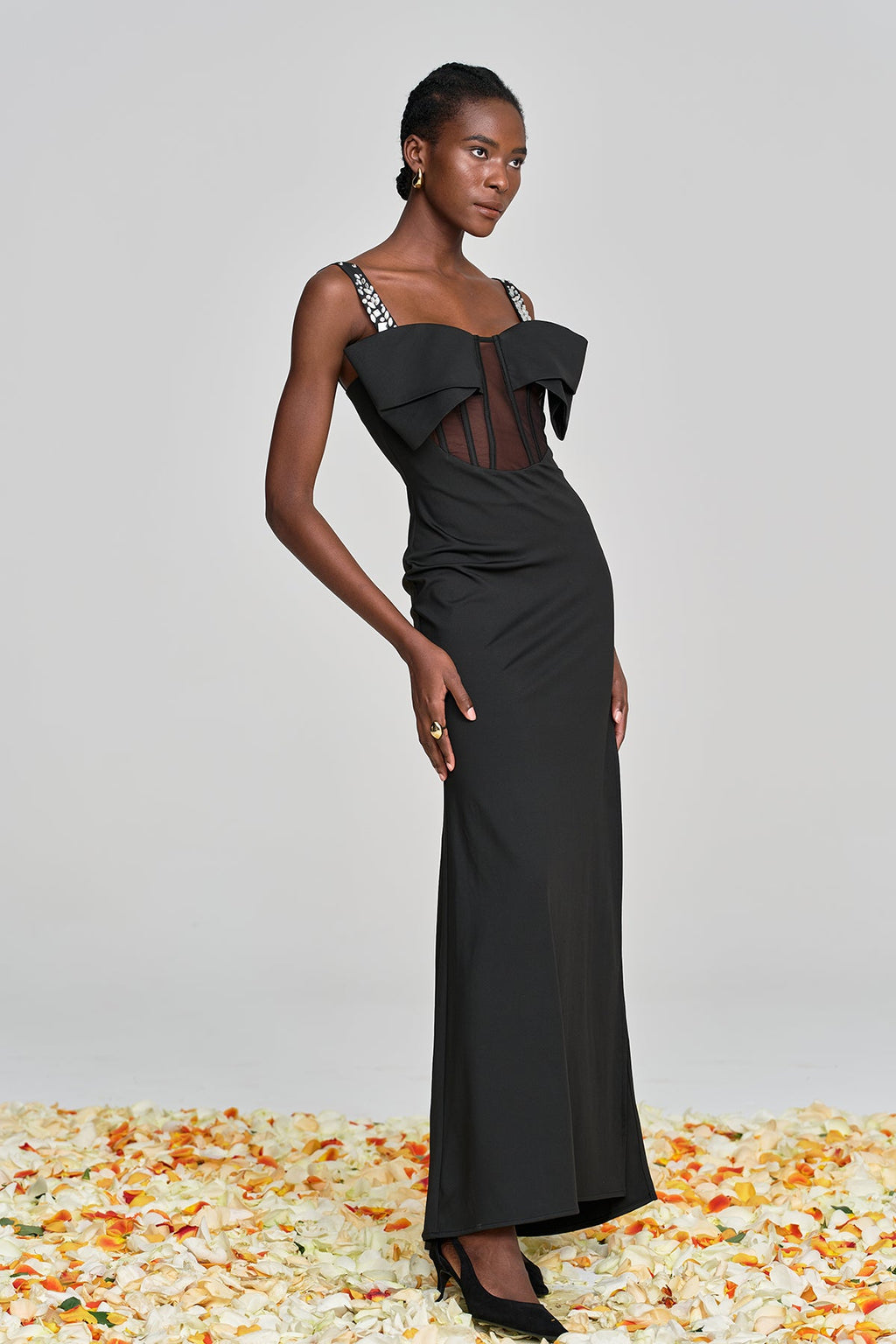 Almira Bow Lace Rhinestone Split Maxi Dress