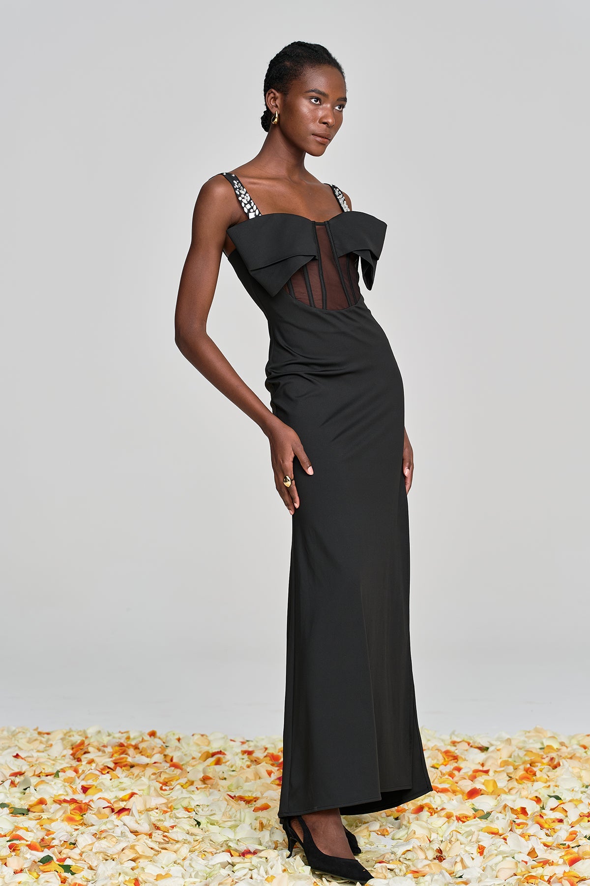 Almira Bow Lace Rhinestone Split Maxi Dress