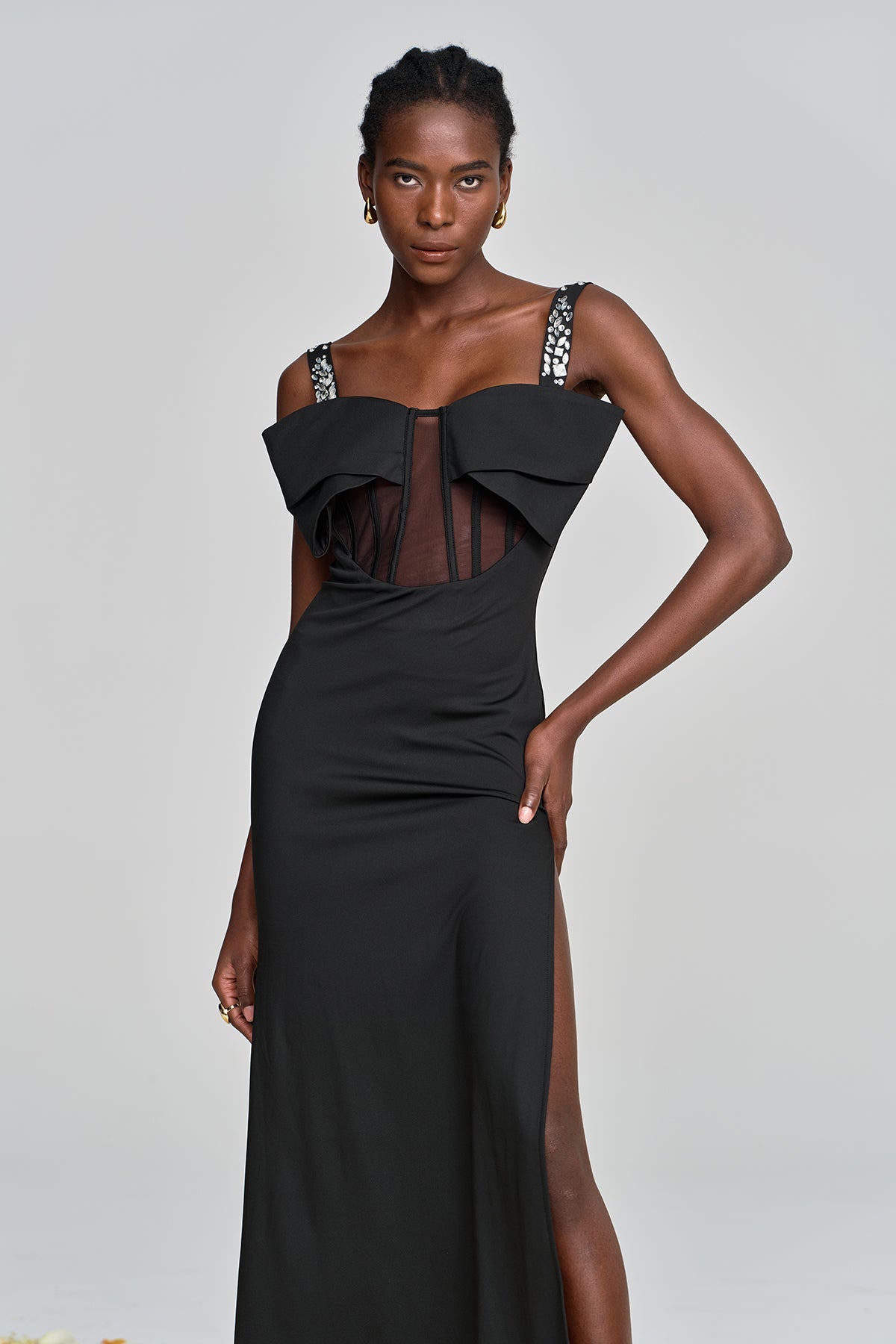 Almira Bow Lace Rhinestone Split Maxi Dress